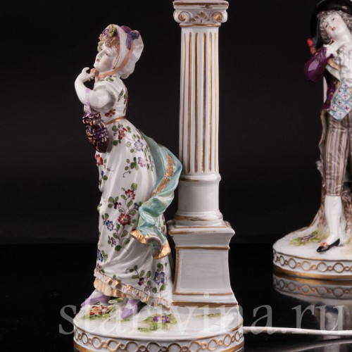 Две фарфоровые лампы Галантная пара, Volkstedt, Германия, кон. 19, нач. 20 вв.