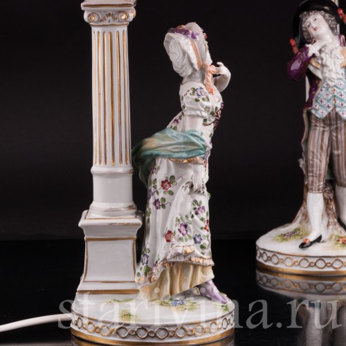 Две фарфоровые лампы Галантная пара, Volkstedt, Германия, кон. 19, нач. 20 вв.