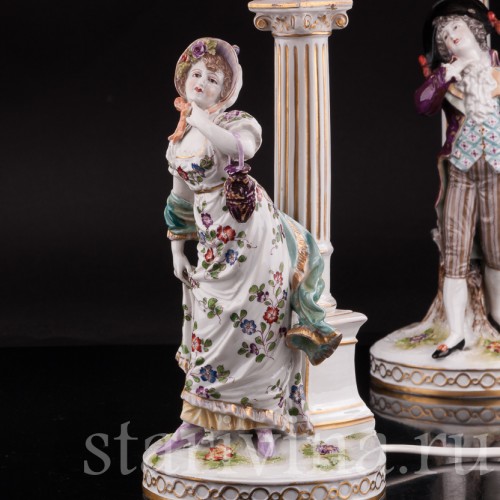 Две фарфоровые лампы Галантная пара, Volkstedt, Германия, кон. 19, нач. 20 вв.