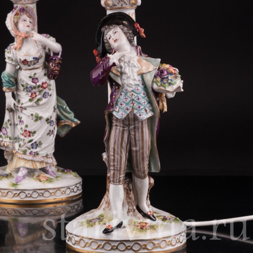 Две фарфоровые лампы Галантная пара, Volkstedt, Германия, кон. 19, нач. 20 вв.