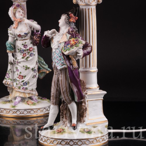 Две фарфоровые лампы Галантная пара, Volkstedt, Германия, кон. 19, нач. 20 вв.
