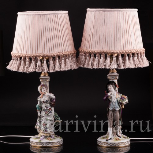 Две фарфоровые лампы Галантная пара, Volkstedt, Германия, кон. 19, нач. 20 вв.