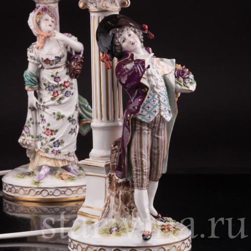 Две фарфоровые лампы Галантная пара, Volkstedt, Германия, кон. 19, нач. 20 вв.