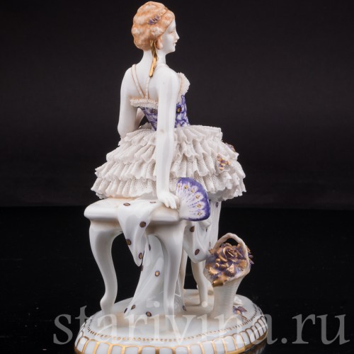 Антикварная статуэтка Девушка с веером и букетом, кружевная, E. A. Muller, Германия, нач. 20 в.