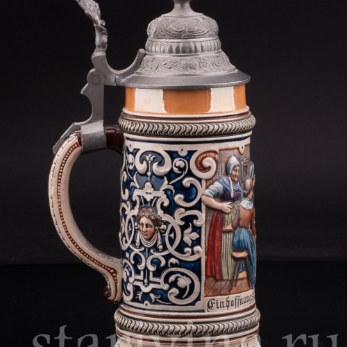 Антикварная пивная кружка Первый глоток, J. W. Remy, Германия, 1890-1915 гг.