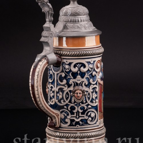 Антикварная пивная кружка Первый глоток, J. W. Remy, Германия, 1890-1915 гг.