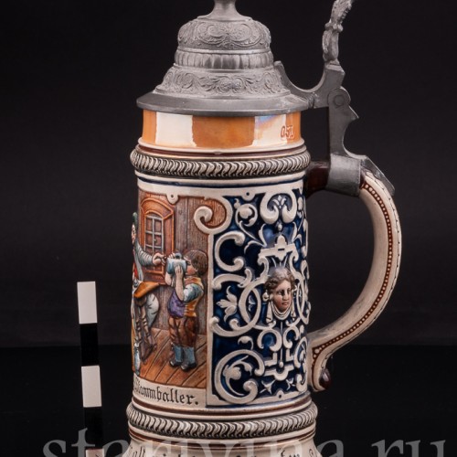 Антикварная пивная кружка Первый глоток, J. W. Remy, Германия, 1890-1915 гг.