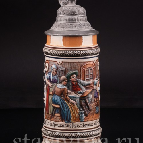 Антикварная пивная кружка Первый глоток, J. W. Remy, Германия, 1890-1915 гг.