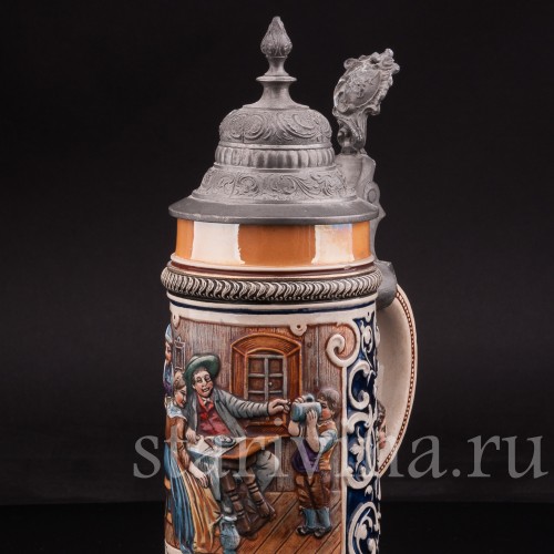 Антикварная пивная кружка Первый глоток, J. W. Remy, Германия, 1890-1915 гг.