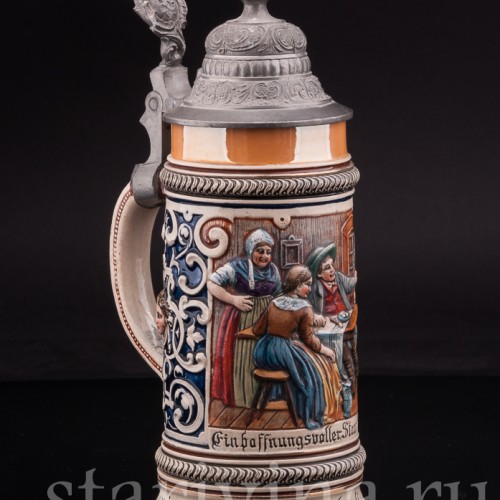 Антикварная пивная кружка Первый глоток, J. W. Remy, Германия, 1890-1915 гг.