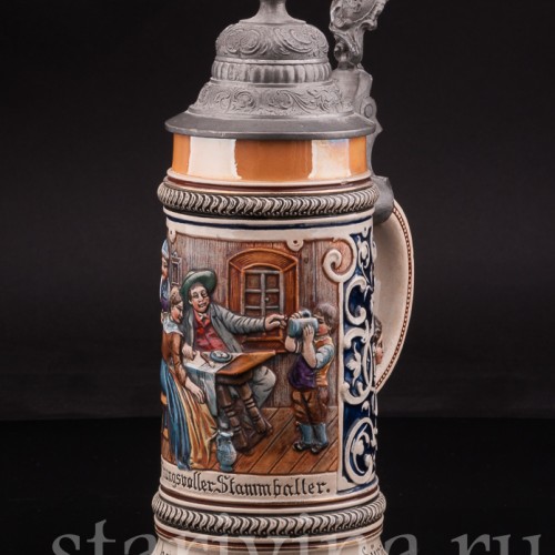 Антикварная пивная кружка Первый глоток, J. W. Remy, Германия, 1890-1915 гг.