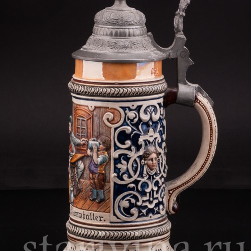 Антикварная пивная кружка Первый глоток, J. W. Remy, Германия, 1890-1915 гг.