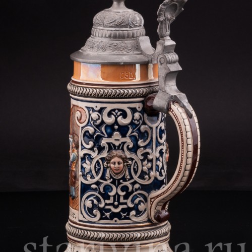 Антикварная пивная кружка Первый глоток, J. W. Remy, Германия, 1890-1915 гг.