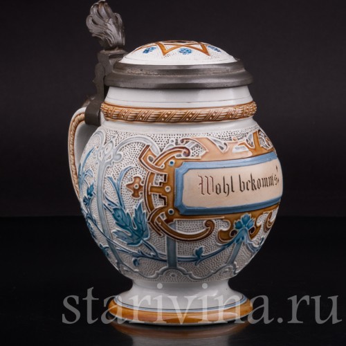 Антикварная пивная кружка "До дна!" Villeroy & Boch, Германия, 1887 г.