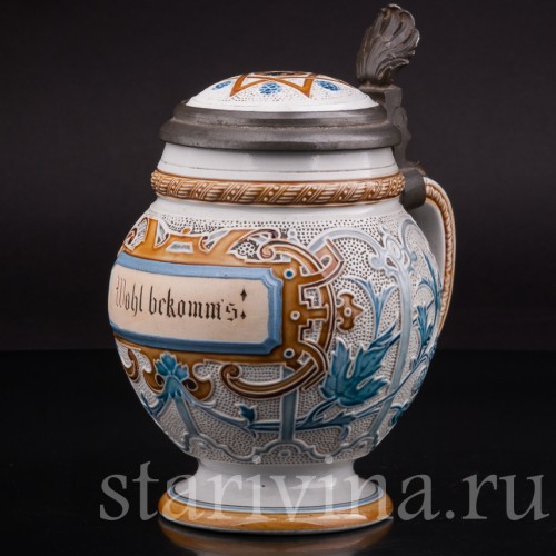 Антикварная пивная кружка "До дна!" Villeroy & Boch, Германия, 1887 г.