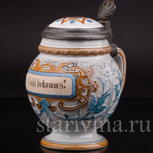 Антикварная пивная кружка "До дна!" Villeroy & Boch, Германия, 1887 г.