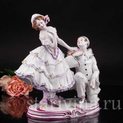 Редкая фарфоровая статуэтка Пьеро и Коломбина, Volkstedt, Германия, нач. 20 в.