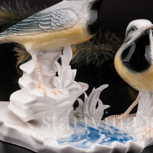 Фигурка птиц из фарфора Две горные трясогузки, Karl Ens, Германия, 1920-30 гг.