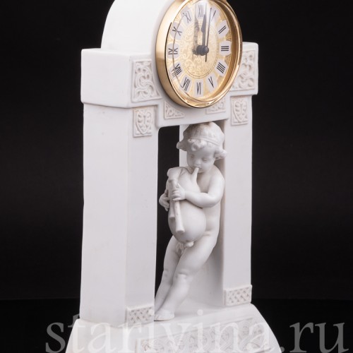 Антикварные часы из бисквита Путти с волынкой, Dressel, Kister & Co, Германия, нач. 20 в.