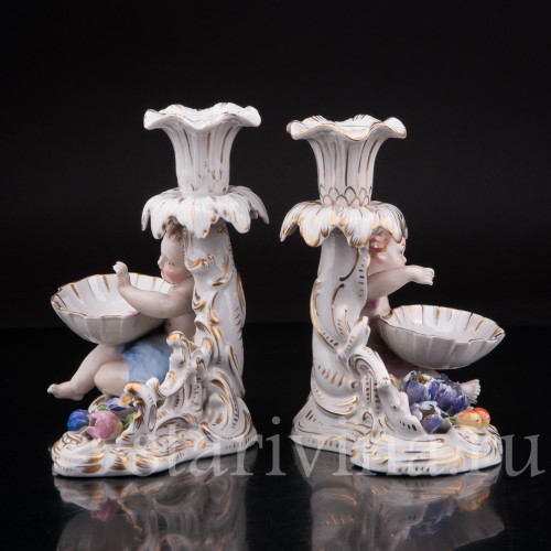 Антикварные фарфоровые Подсвечники Путти, Carl Thieme, Германия, пер. пол. 20 в.