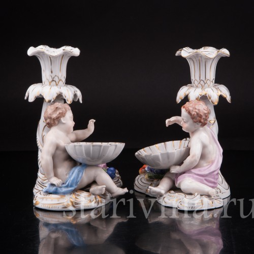 Антикварные фарфоровые Подсвечники Путти, Carl Thieme, Германия, пер. пол. 20 в.