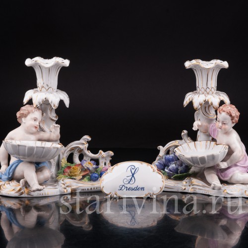 Антикварные фарфоровые Подсвечники Путти, Carl Thieme, Германия, пер. пол. 20 в.