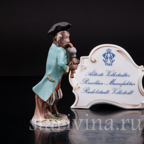 Фарфоровая статуэтка Обезьяний оркестр, волынщик, Volkstedt, Германия, вт. пол. 20 в.