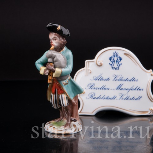 Фарфоровая статуэтка Обезьяний оркестр, волынщик, Volkstedt, Германия, вт. пол. 20 в.