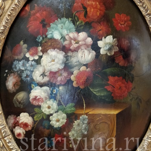 Картина маслом на доске Натюрморт в цветами, 19 в.