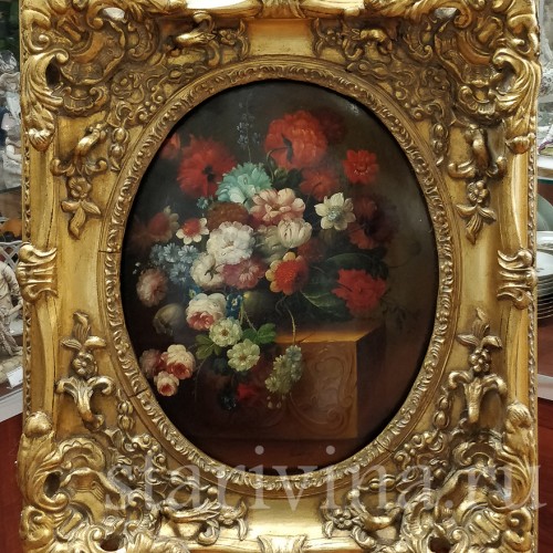 Картина маслом на доске Натюрморт в цветами, 19 в.
