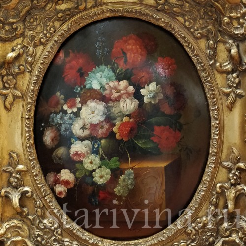 Картина маслом на доске Натюрморт в цветами, 19 в.