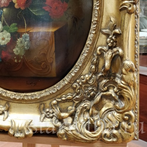 Картина маслом на доске Натюрморт в цветами, 19 в.