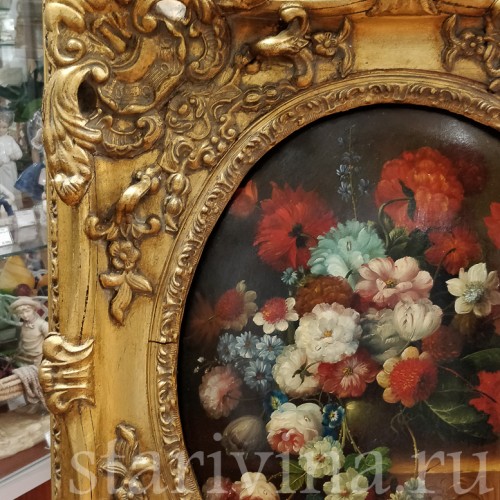 Картина маслом на доске Натюрморт в цветами, 19 в.