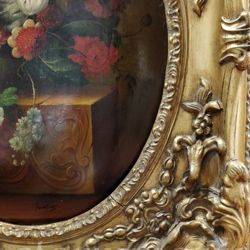 Картина маслом на доске Натюрморт в цветами, 19 в.