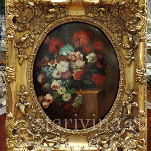 Картина маслом на доске Натюрморт в цветами, 19 в.