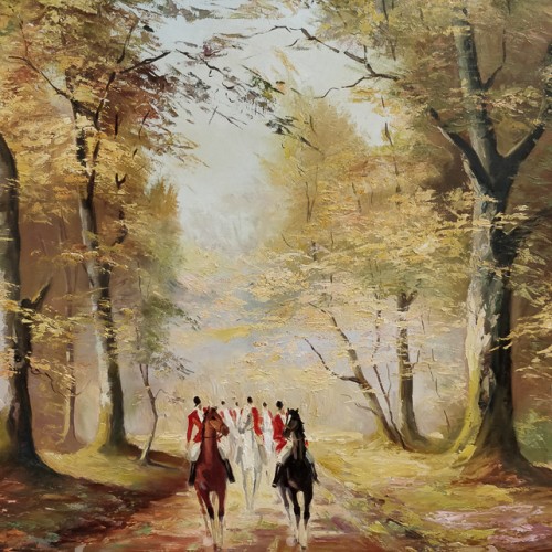 Картина маслом Пейзаж Охотники на лесной дороге, , сер. - вт. пол. 20 в.