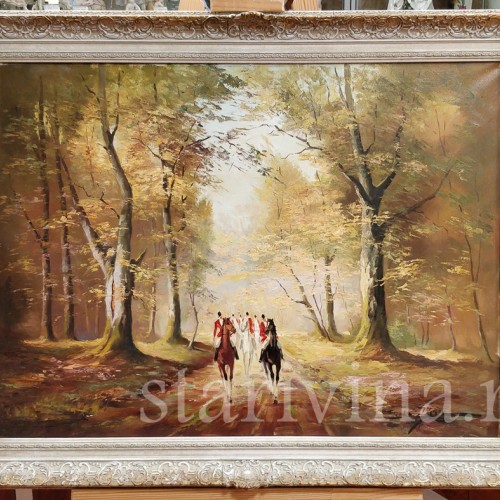 Картина маслом Пейзаж Охотники на лесной дороге, , сер. - вт. пол. 20 в.