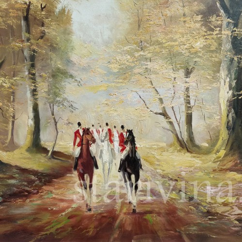Картина маслом Пейзаж Охотники на лесной дороге, , сер. - вт. пол. 20 в.