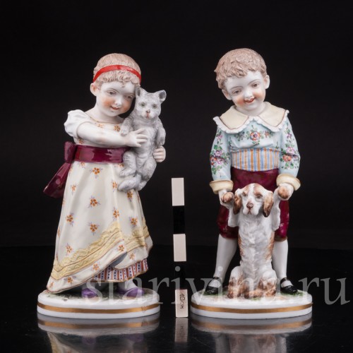 Домашние питомцы, дети с собачкой и кошкой, Volkstedt, Германия, кон 19 в