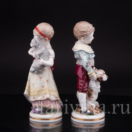 Домашние питомцы, дети с собачкой и кошкой, Volkstedt, Германия, кон 19 в