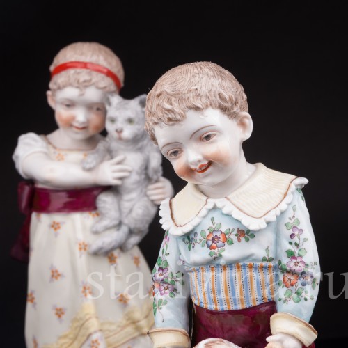 Домашние питомцы, дети с собачкой и кошкой, Volkstedt, Германия, кон 19 в