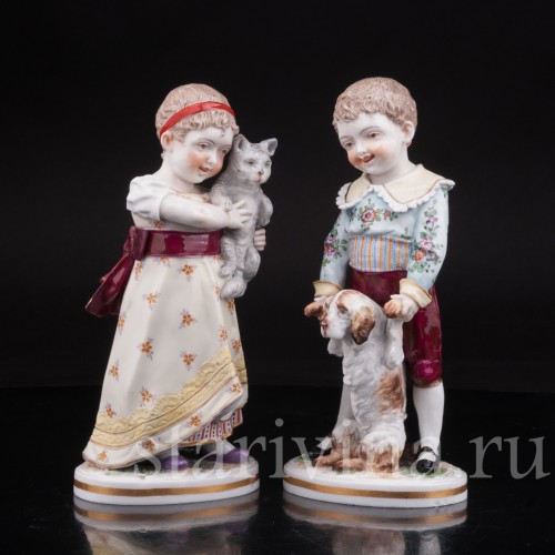 Домашние питомцы, дети с собачкой и кошкой, Volkstedt, Германия, кон 19 в