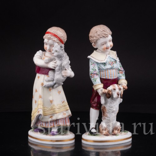 Домашние питомцы, дети с собачкой и кошкой, Volkstedt, Германия, кон 19 в