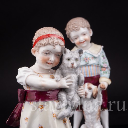 Домашние питомцы, дети с собачкой и кошкой, Volkstedt, Германия, кон 19 в