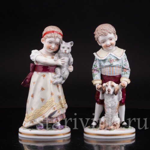 Домашние питомцы, дети с собачкой и кошкой, Volkstedt, Германия, кон 19 в