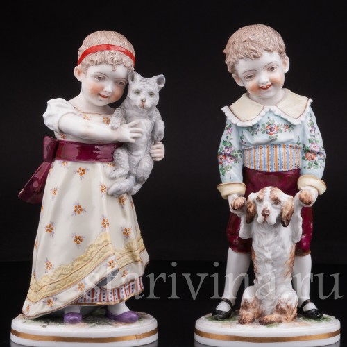 Домашние питомцы, дети с собачкой и кошкой, Volkstedt, Германия, кон 19 в