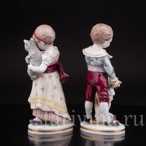 Домашние питомцы, дети с собачкой и кошкой, Volkstedt, Германия, кон 19 в