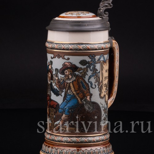 Антикварная пивная кружка Друзья, 1/2 л, Villeroy & Boch, Германия, 1902 год.