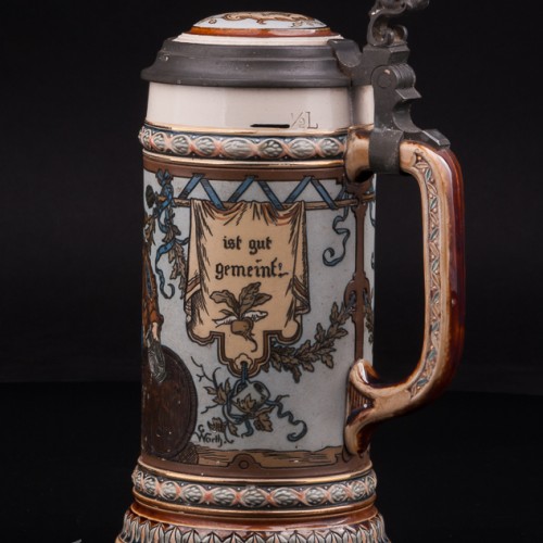 Антикварная пивная кружка Друзья, 1/2 л, Villeroy & Boch, Германия, 1902 год.