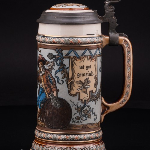 Антикварная пивная кружка Друзья, 1/2 л, Villeroy & Boch, Германия, 1902 год.